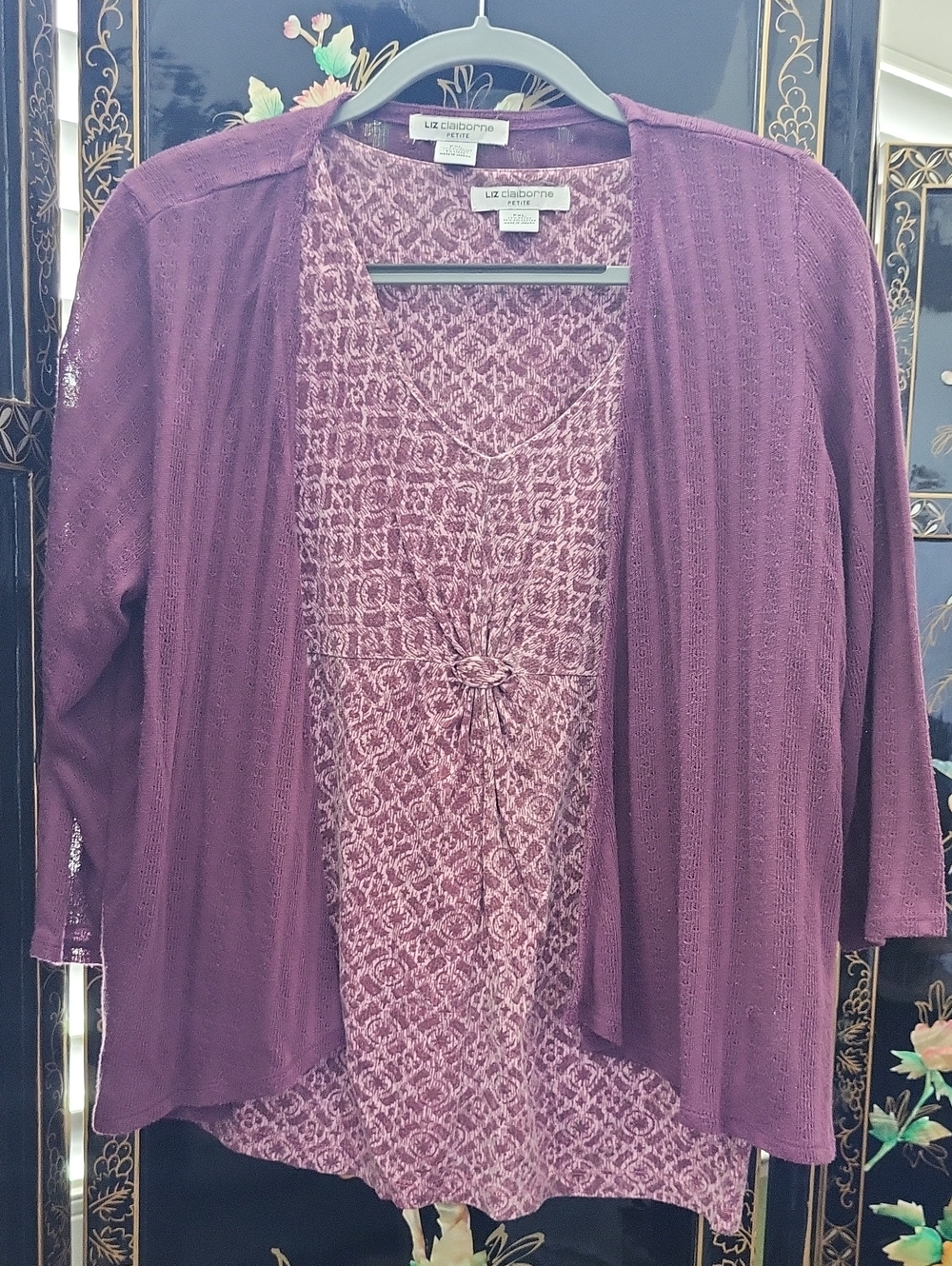 Liz Claiborne Plum Open-Front Cardigan with Patterned Tie-Front Tank